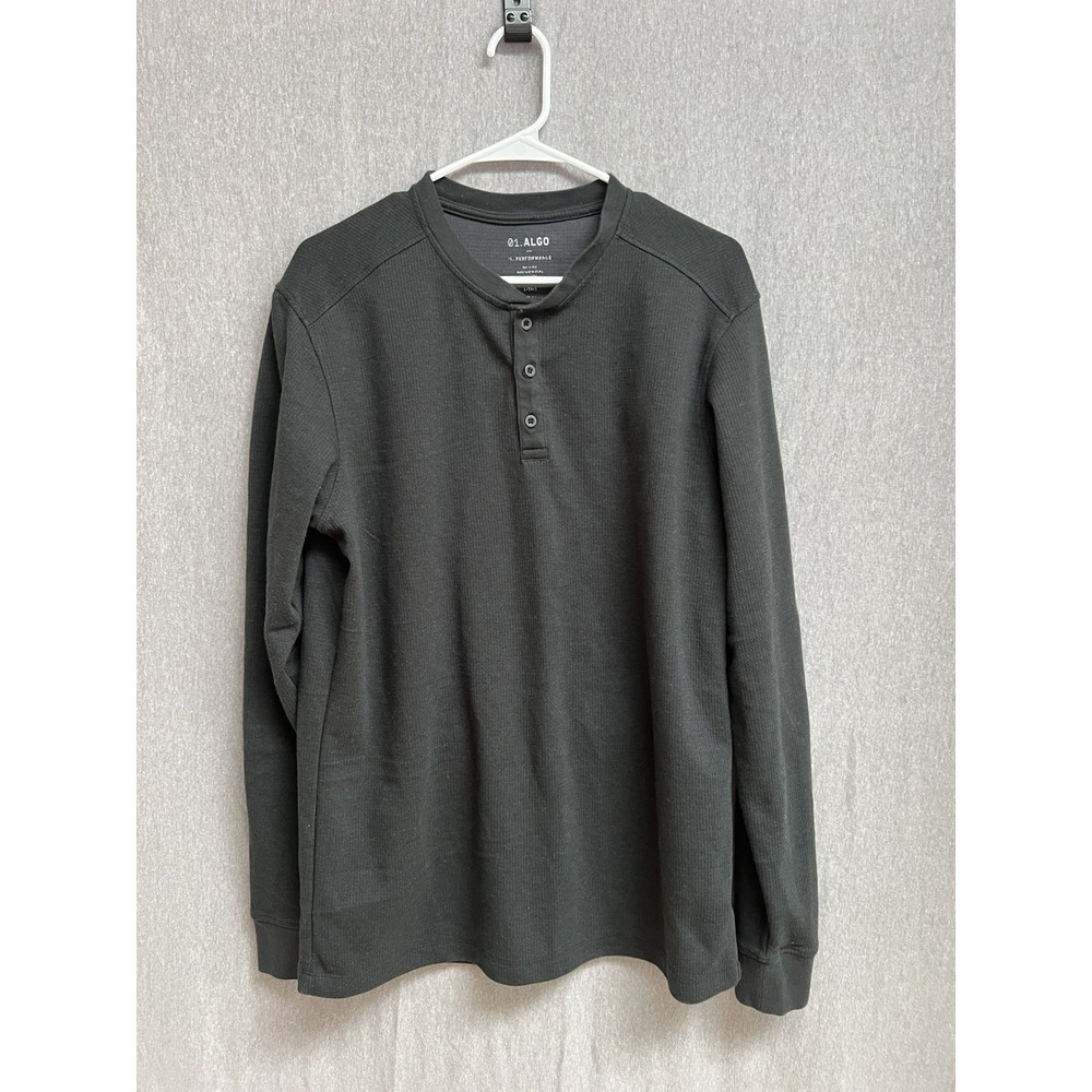 01. ALGO Sz L Tall Gray Performance Stretch 6% Spandex Henley Shirt Mens L/S